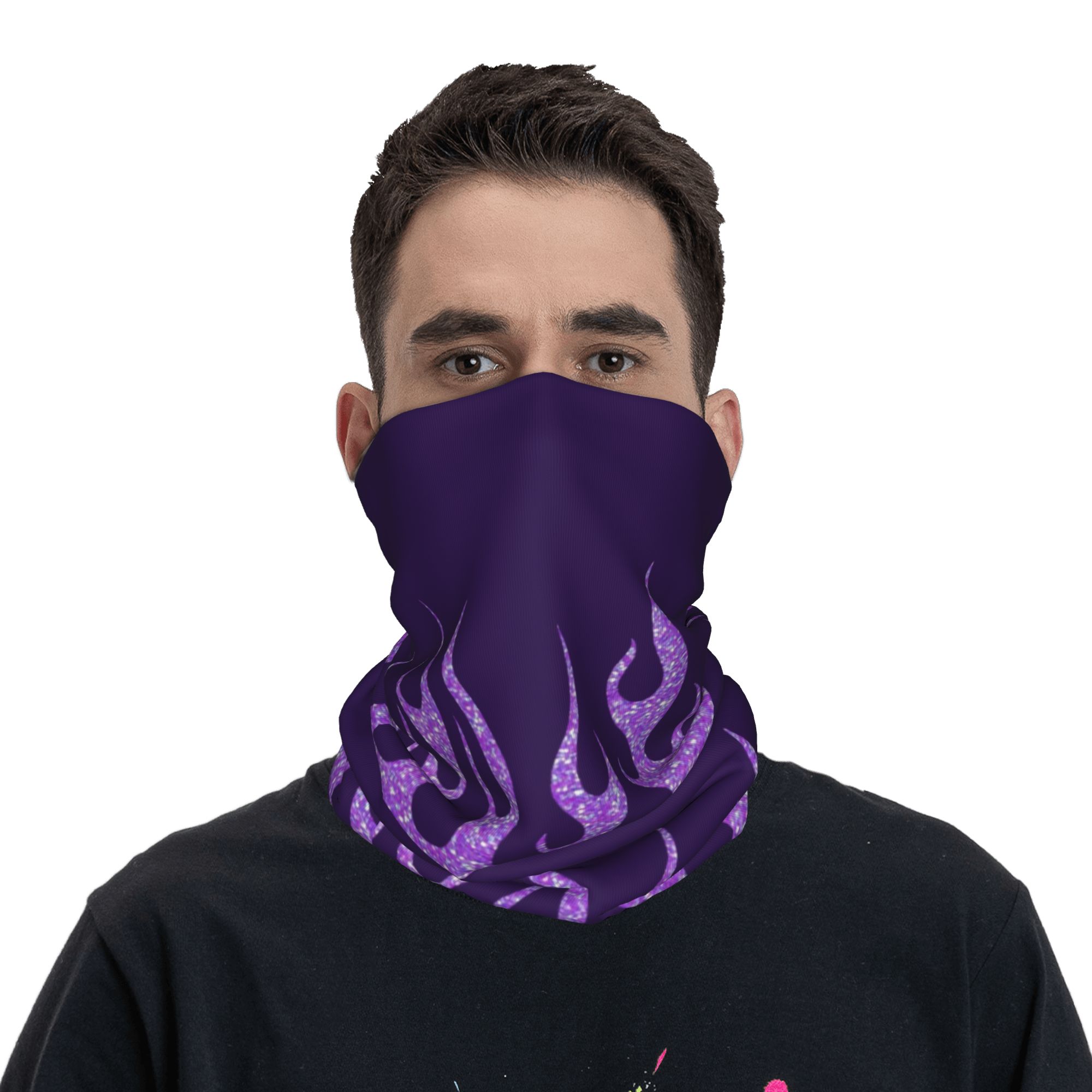 Custom Purple Glitter Flames B - مراجعة Neck Gaiter Face Cover وسعره