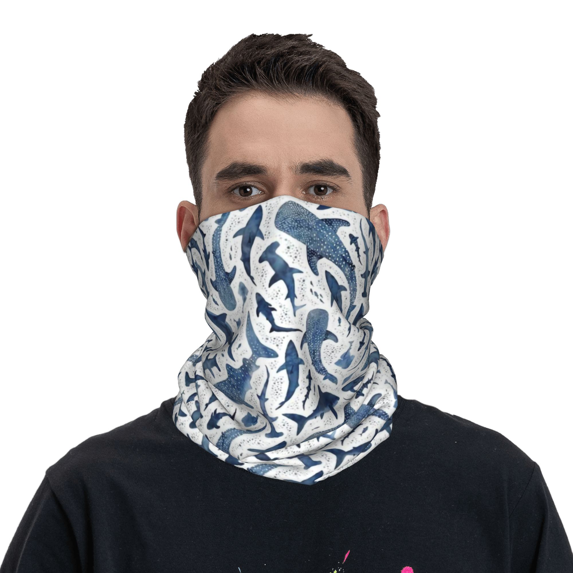 Custom Blue Watercolour Shark  - مراجعة Neck Gaiter Face Cover وسعره